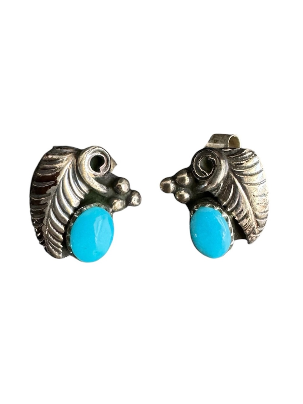 Navajo Turquoise Stud Earrings Native American Feather Sterling Silver BN